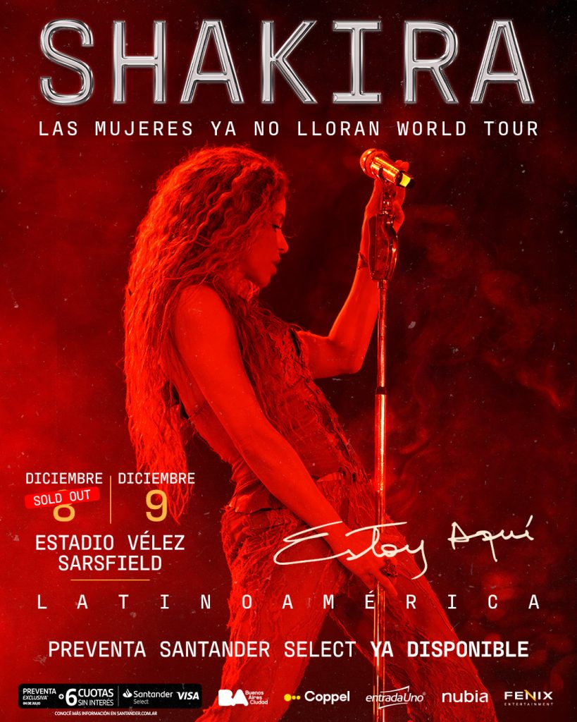 Shakira en vivo durante su gira "Las Mujeres Ya No Lloran", próxima a presentarse en el Estadio Vélez