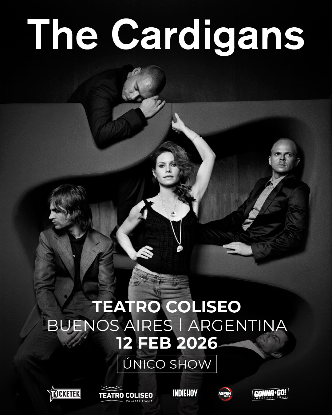 Foto promocional de The Cardigans para su Tour 2026 en el Teatro Coliseo, Buenos Aires