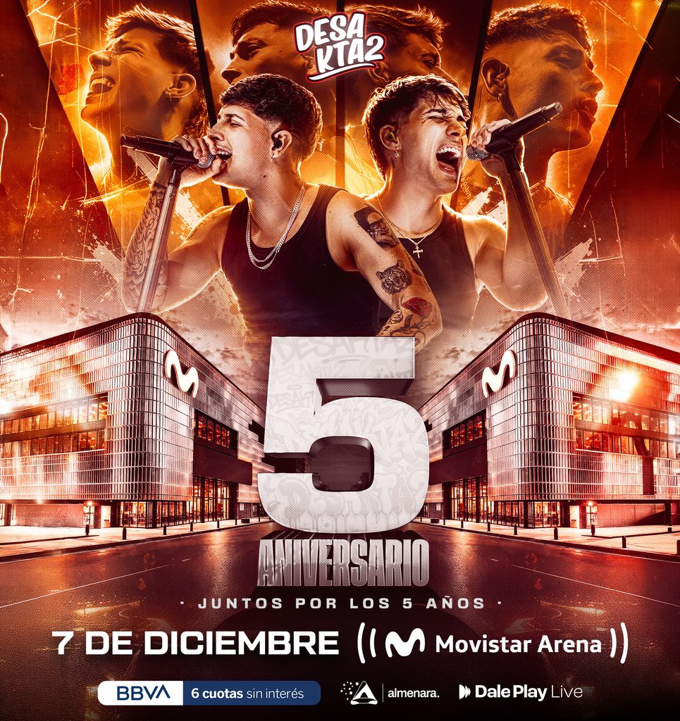 Flyer de Desakta2 por su show del 7 de diciembre de 2026 en el Movistar Arena de Buenos Aires, en celebración de sus cinco años de trayectoria.
