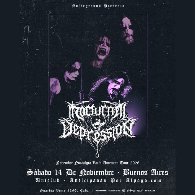 Flyer de Nocturnal Depression en Uniclub el 14 de noviembre de 2026 junto a Rhaug, Siniestra Depresión y Cortadas.