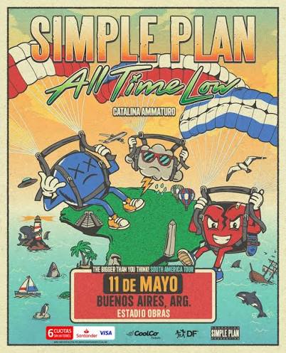 Flyer oficial de Simple Plan y All Time Low anunciando su presentación en el Estadio Obras Sanitarias el 11 de mayo, con la participación de Catalina Ammaturo como artista invitada.