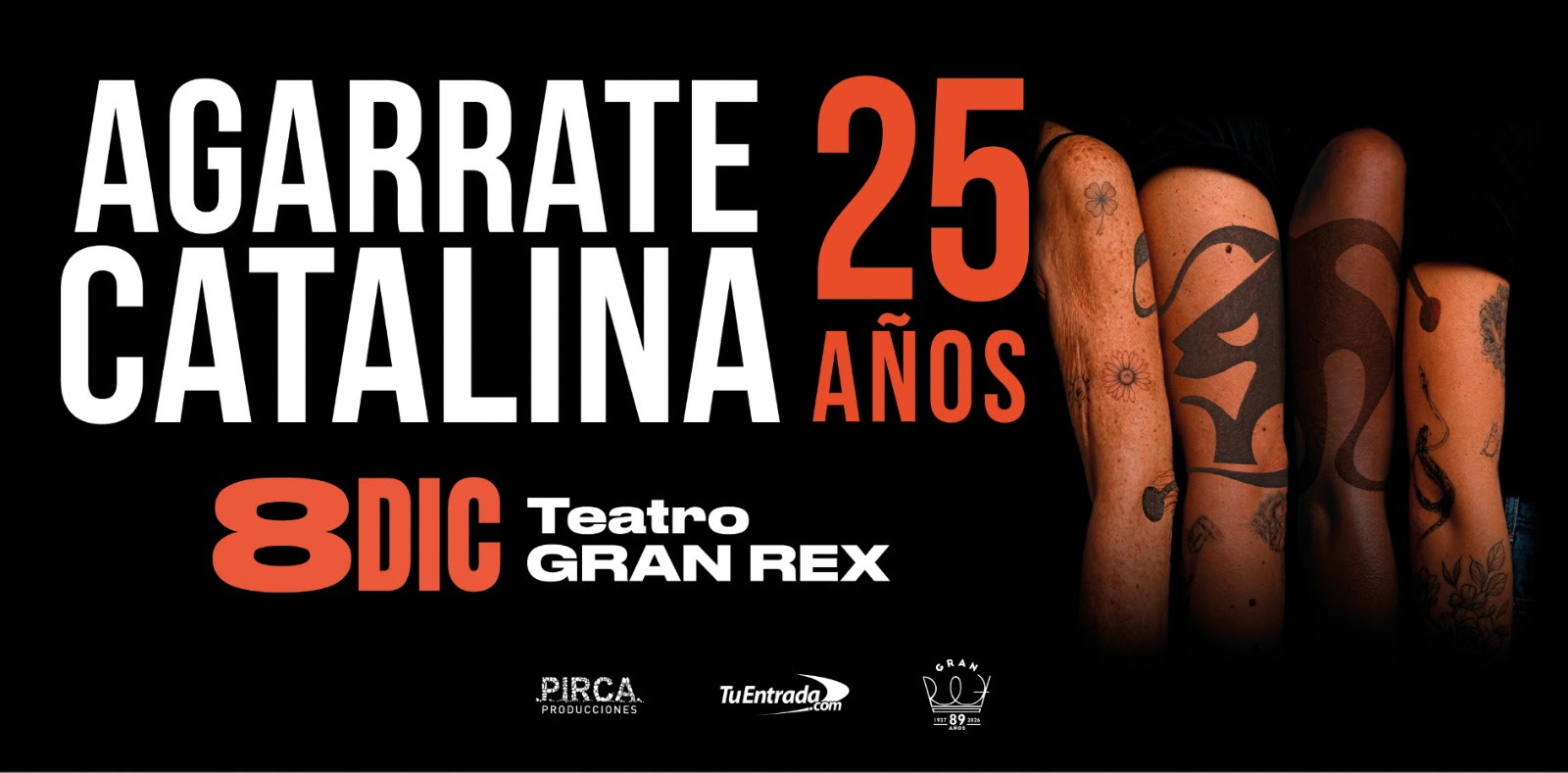 Flyer de Agarrate Catalina por sus 25 años, el 8 de diciembre de 2026 en el Teatro Gran Rex de Buenos Aires.